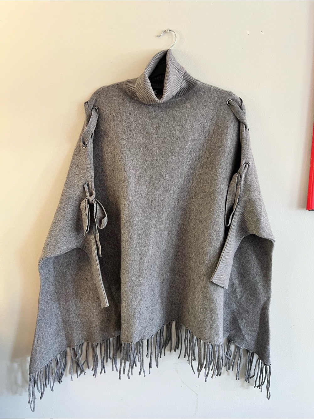 Love Token Gray Turtleneck Fringe Poncho with Side Ties